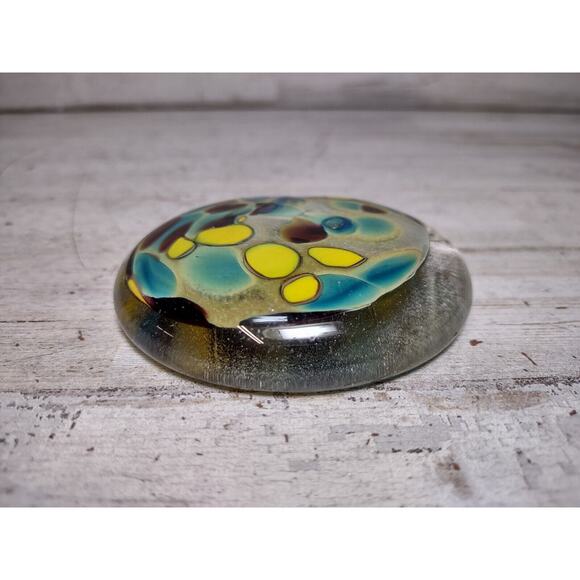 Bedrock Industries Recycled Glass Round Flat Paperweight Spots Yellow Brown Blue - Picture 5 of 9